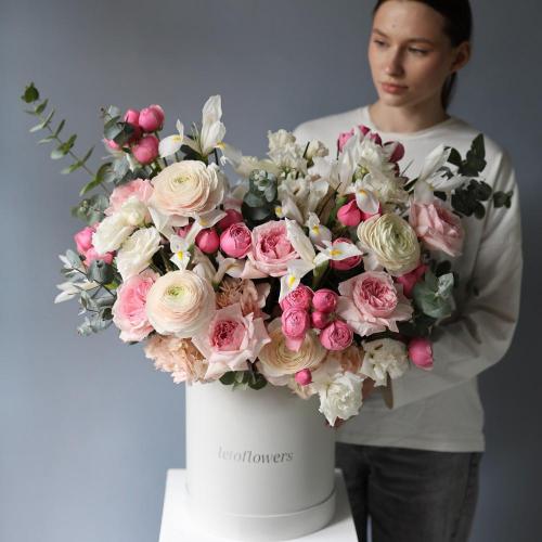 Авторский букет в шляпной коробке Розовый - Размер XL 