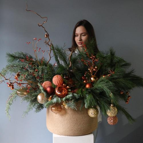 Новогодняя корзина, гамма "Мандариновый пай" - Размер M