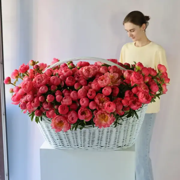Букет из коралловых пионов - 201 пионов в корзине