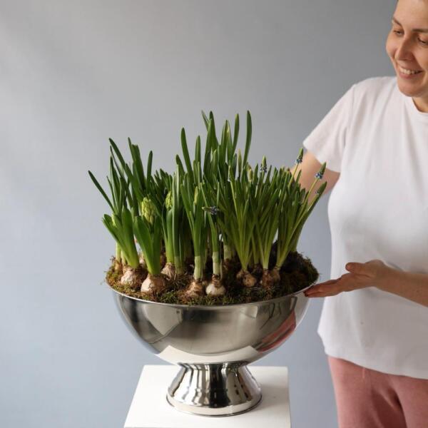 Весенние цветы в металлическом боуле