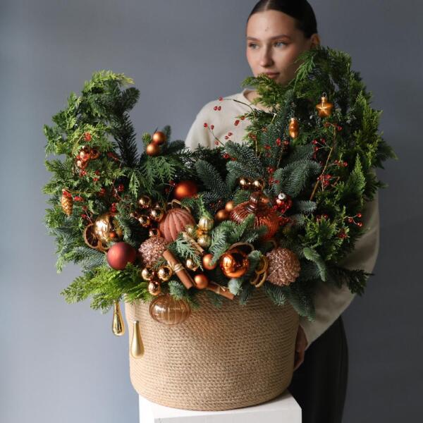 Новогодняя корзина, гамма "Мандариновый пай" - Размер L