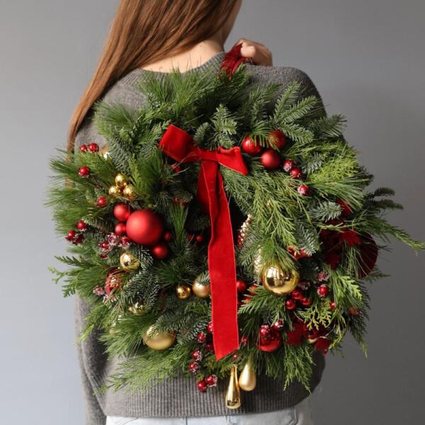 Новогодний венок, гамма "Красно-золотая" - 45-50