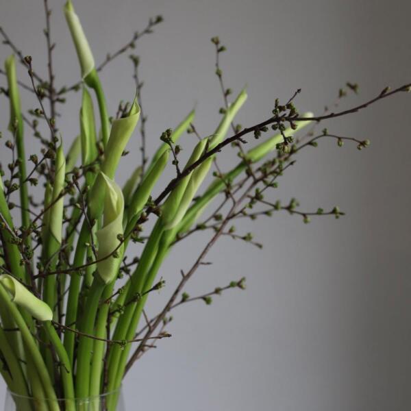 Букет из калл и весенних веток в вазе - Размер M